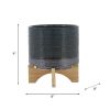 8" DOTTED PLANTER W/ WOOD STAND, GREEN