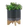 8" DOTTED PLANTER W/ WOOD STAND, GREEN