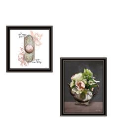 "Vintage Floral Tea Pot & Door Knob" 2-Piece Vignette by House Fenway, Ready to Hang Framed Print, Black Frame (Color: as Pic)