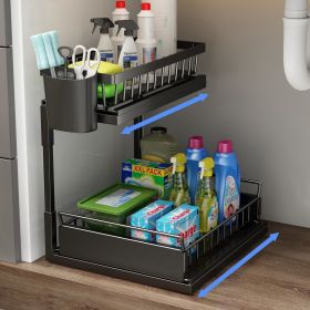 Double Sliding Metal Under Sink Organizer L Shape (Color: black)